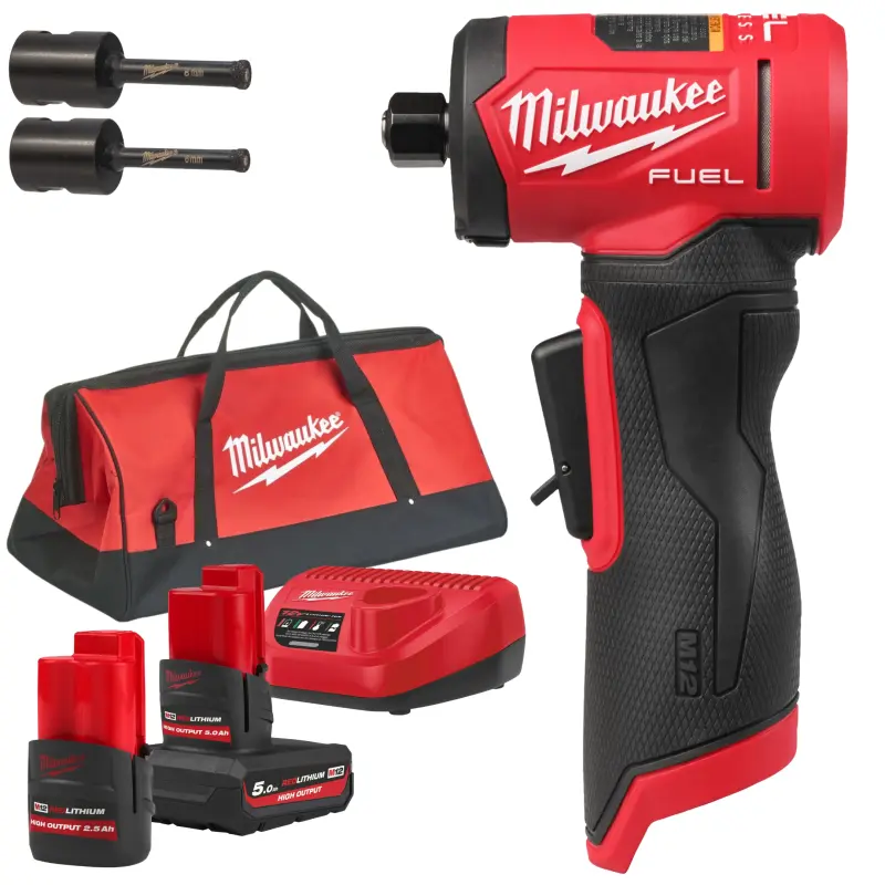 Aku přímá bruska Milwaukee M12 FDGA2-522B, aku M12 HB2.5 + M12 HB5 + C12 C + taška + adaptéry + vrtáky, 4933500525
